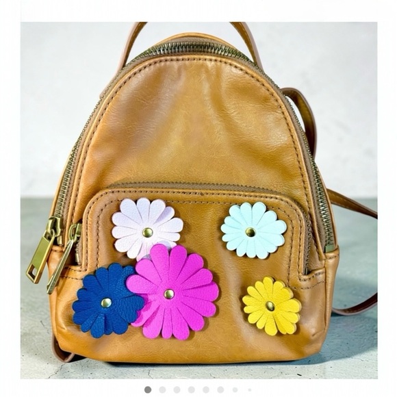 Fossil Handbags - Tan Fossil Small Backpack/Crossbody with Colorful Floral Appliqués